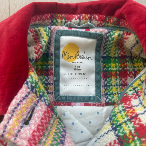 PERFECT CONDITION -Mini Boden Pink Plaid Pea Coat with Red and Green Accents - Picture 7 of 7